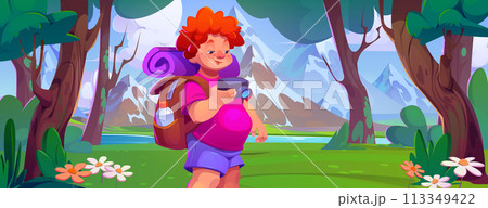 Boy in mountain wonderland adventure background 113349422