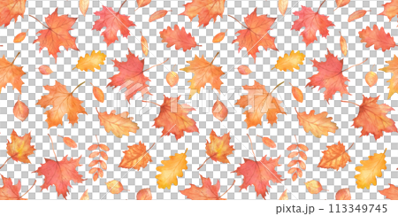 Watercolor seamless pattern. Autumn falling leaves. Autumnal foliage fall and orange maple leaves flying in wind motion blur. 113349745