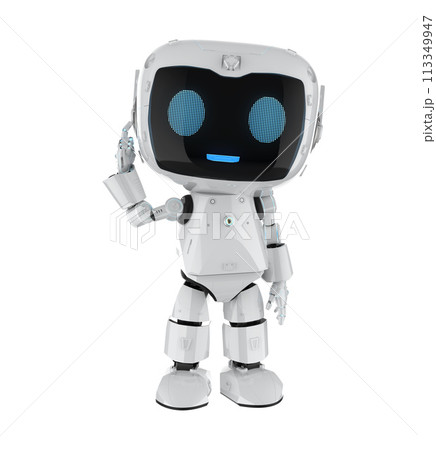 Cute and small artificial intelligence personal assistant robot finger point isolated 113349947