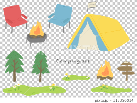 キャンプのテントやキャンプファイヤ、木と草原、手描きのかわいいイラストセット 113350014