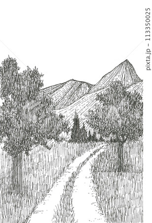 のどかな田舎道の風景画のイラスト素材 [113350025] - PIXTA