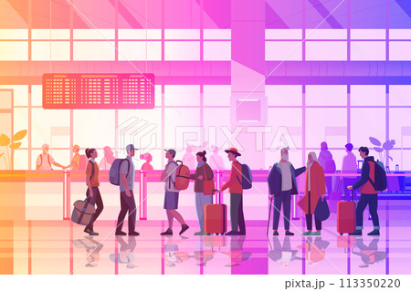 passengers with luggage in arrival waiting room or departure lounge international airport terminal interior 113350220