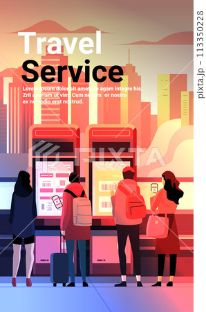 People in arrival waiting room self check in at automatic machine or buying tickets in interactive terminal modern airport interior 113350228