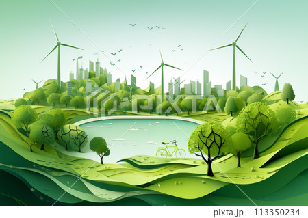Paper art style of landscape with eco green city. Paper cut and craft style. By genrative Ai 113350234