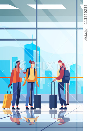 passengers with luggage in arrival waiting room or departure lounge international airport terminal interior vertical passengers with luggage in arrival waiting room or departure lounge international airport terminal interior vertical 113350235