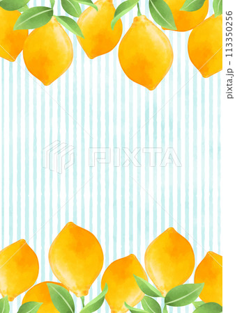 綺麗なレモンの果実とストライプ柄の背景イラスト 113350256