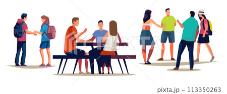 people relaxing in park or river bank with wooden benches and tables tourists resting outdoors people relaxing in park or river bank with wooden benches and tables tourists resting outdoors 113350263