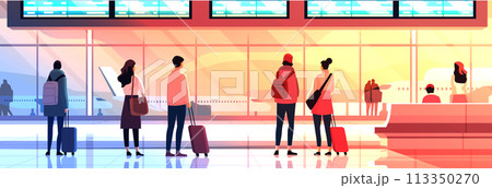 passengers with luggage in arrival waiting room or departure lounge international airport terminal interior horizontal 113350270