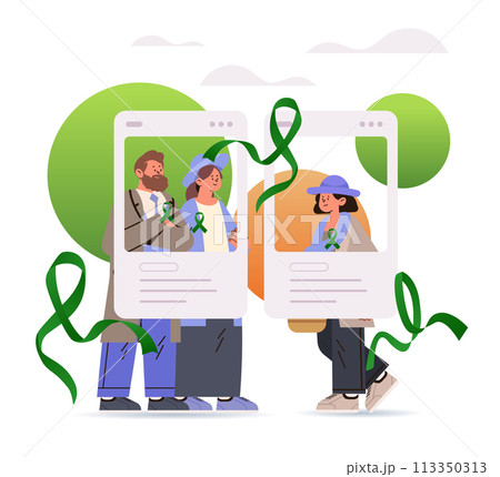 people in social media photo frames with green ribbons celebrating world mental health day awareness month 113350313