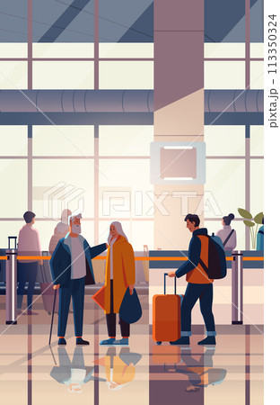 passengers with luggage in arrival waiting room or departure lounge international airport terminal interior vertical 113350324
