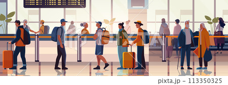 passengers with luggage in arrival waiting room or departure lounge international airport terminal interior horizontal passengers with luggage in arrival waiting room or departure lounge international airport terminal interior horizontal 113350325