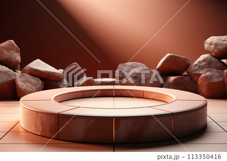 3D podium circular stone arrangement with large rocks scattered around it 113350416