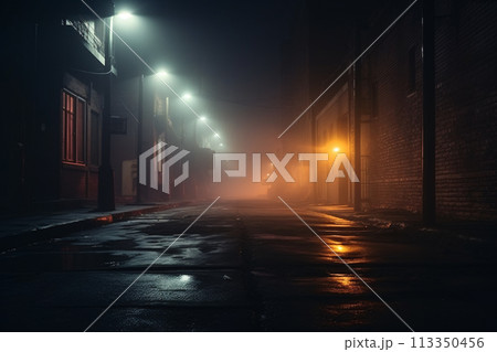 A dark and foggy city street at night with red light peeking through from a window A dark and foggy city street at night with red light peeking through from a window 113350456