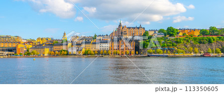 The warm sunlight bathes the historic buildings along the Sodermalm waterfront, with lush greenery accentuating the vibrant urban landscape against the serene waters. Stockholm, Sweden The warm sunlight bathes the historic buildings along the Sodermalm waterfront, with lush greenery accentuating the vibrant urban landscape against the serene waters. Stockholm, Sweden 113350605