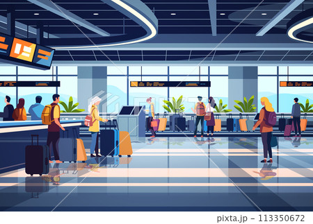 passengers with luggage in arrival waiting room self check in at automatic machine or buying tickets in interactive terminal airport interior 113350672