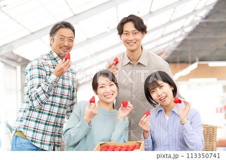 笑顔でいちごを食べる男女 113350741