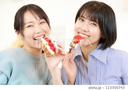 カフェにてデザートを食べる2人の若い女性 カフェにてデザートを食べる2人の若い女性 113350743