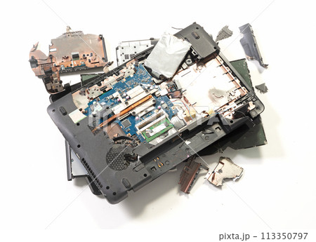 Old broken laptop isolated on white background 113350797