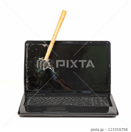Old broken laptop isolated on white background 113350798