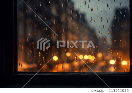 Rain-Speckled Window with City Lights 113351026