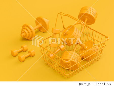 Sport equipment for fitness, gym in shopping basket on monochrome 113351095