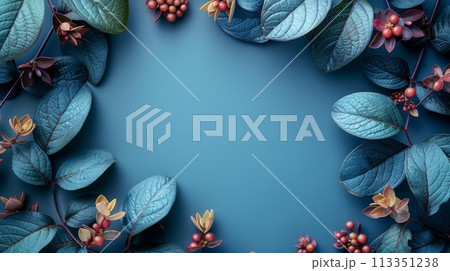 Lush Botanical Frame with Blue Leaves and Red Berries Lush Botanical Frame with Blue Leaves and Red Berries 113351238