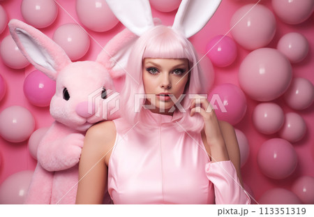 Vintage Styled Woman with Stuffed Rabbit 113351319