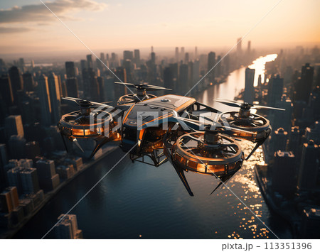 Autonomous Drone Flying Over Urban Landscape 113351396