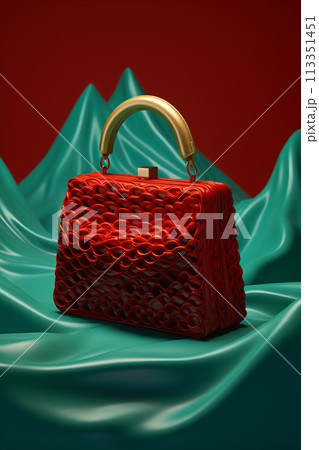 Red Woven Basket Bag on Vivid Backdrop Red Woven Basket Bag on Vivid Backdrop 113351451