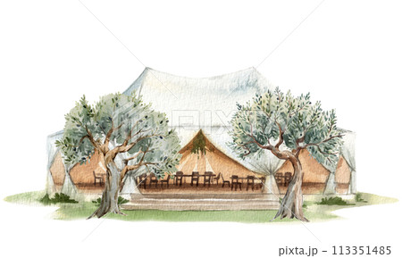 Beautiful watercolor stock illustration with villa cottage house in olive trees. Building clip art. 113351485