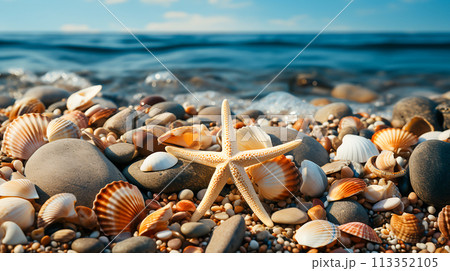 Beach Landscape: Blue Sky, Golden Sands, and Turquoise Waters, Generative Ai 113352105