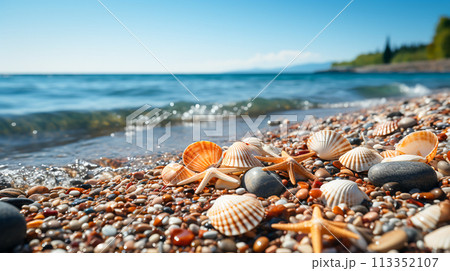 Beach Landscape: Blue Sky, Golden Sands, and Turquoise Waters, Generative Ai 113352107
