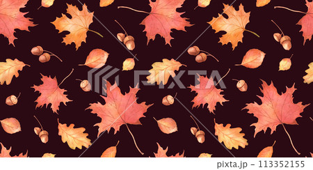 Watercolor seamless pattern with autumn falling leaves on dark background. Autumnal orange maple leaves 113352155