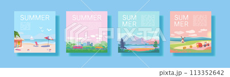 Set of summer travel and vacation posters. Landscapes of sea resorts, mountains and fields. Road with trees and transport near the city. Template for poster, web page or banner. Flat vector 113352642