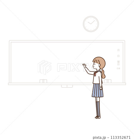 黒板に文字を書く横向きの女子生徒 113352671