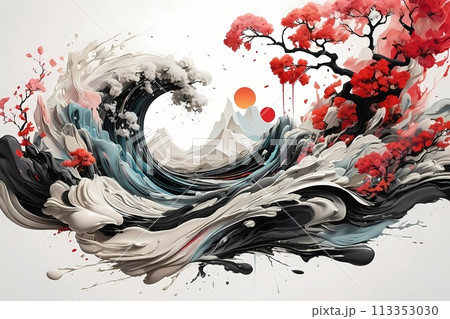 Japanese zen style abstract art illustration using brush stroke style. Black ink with no background images, plain white background. 113353030