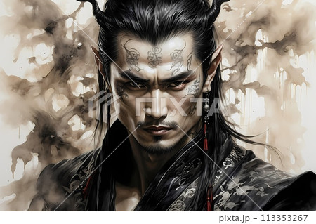 A hauntingly handsome Chinese warrior made with ink on old rice paper, handmade painting, traditional art style. 113353267