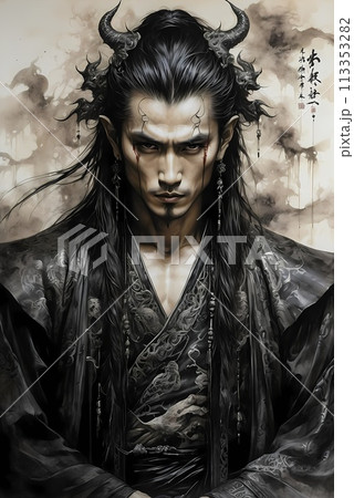 A hauntingly handsome Chinese warrior made with ink on old rice paper, handmade painting, traditional art style. 113353282