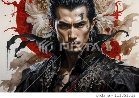 A hauntingly handsome Chinese warrior made with ink on old rice paper, handmade painting, traditional art style. 113353318