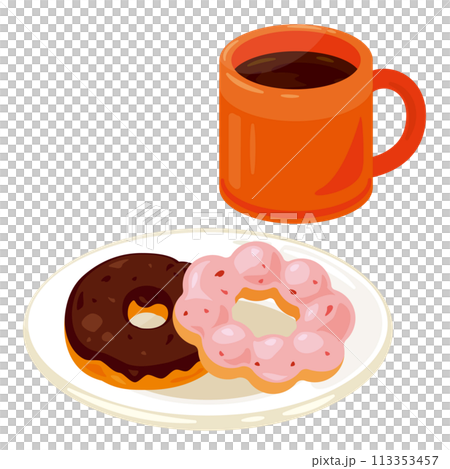 皿に盛られたドーナツとマグカップに入ったコーヒーセット 皿に盛られたドーナツとマグカップに入ったコーヒーセット 113353457