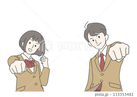 制服でガッツポーズをする男子学生と女子学生のイメージイラスト 113353481