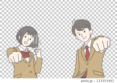 制服でガッツポーズをする男子学生と女子学生のイメージイラスト 113353481