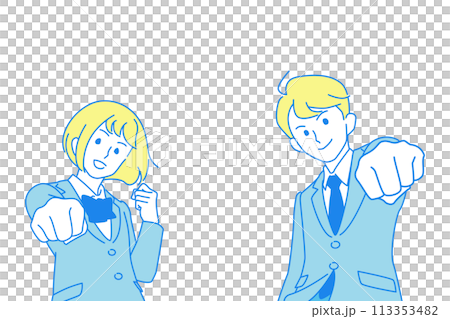 Illustration of male and female students in uniforms posing in a fist pump Illustration of male and female students in uniforms posing in a fist pump 113353482