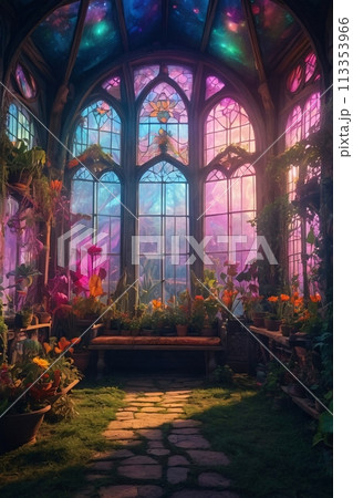 Magic medieval Greenhouse with cinematic lighting with a big windows Magic medieval Greenhouse with cinematic lighting with a big windows 113353966