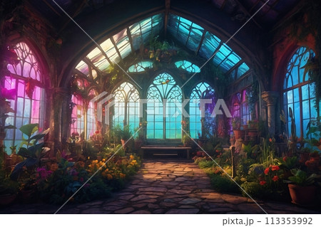 Magic medieval Greenhouse with cinematic lighting with a big windows Magic medieval Greenhouse with cinematic lighting with a big windows 113353992