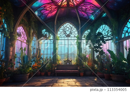 Magic medieval Greenhouse with cinematic lighting with a big windows Magic medieval Greenhouse with cinematic lighting with a big windows 113354005
