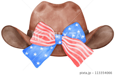 Coquette 4th of July Cowboy Hat Watercolor Illustration with Stars and Stripes Ribbon Bow 113354066