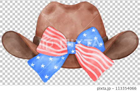 Coquette 4th of July Cowboy Hat Watercolor Illustration with Stars and Stripes Ribbon Bow 113354066