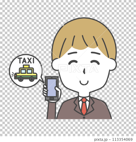スマホでタクシーを呼ぶスーツ姿の男性 スマホでタクシーを呼ぶスーツ姿の男性 113354069