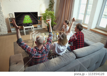 Friends, sport fans meeting at home, sitting on couch in living room on daytime and watching online football match translation. Friends, sport fans meeting at home, sitting on couch in living room on daytime and watching online football match translation. 113354120